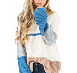 Fashion Long Sleeve Drop Shoulder Color Block Loose Knit Sweater Blue