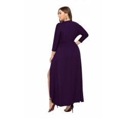 Elegant Plus Size V Neck 3/5 Sleeve Wrap Plain Maxi Dress Purple