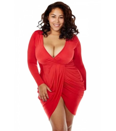 Beautiful Deep V Neck Long Sleeve Plus Size Club Dress Red