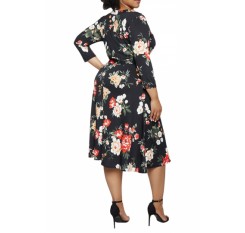 Plus Size 3/4 Sleeve Floral Midi Dress Black