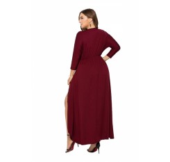 Elegant Plus Size V Neck 3/4 Sleeve Wrap Plain Maxi Dress Ruby