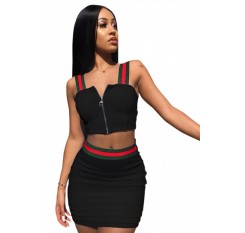 Beautiful Plus Size Zip Up Crop Top&Mini Skirt Bodycon Two-Piece Dress Black