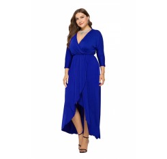 Elegant Plus Size V Neck 3/9 Sleeve Wrap Plain Maxi Dress Sapphire Blue