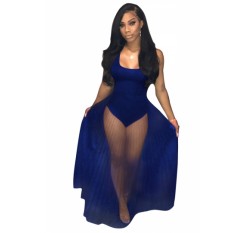 Beautiful Sleeveless Bodysuit See Through Pleated Club Dress Sapphire Blue