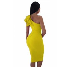 One Shoulder Sleeveless Ruffle Plain Bodycon Clubwear Dress Yellow