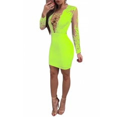 Criss Cross Deep V Backless Lace Patchwork Bodycon Club Dress Green