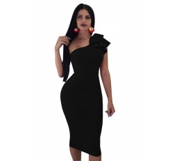 One Shoulder Sleeveless Ruffle Plain Bodycon Clubwear Dress Black