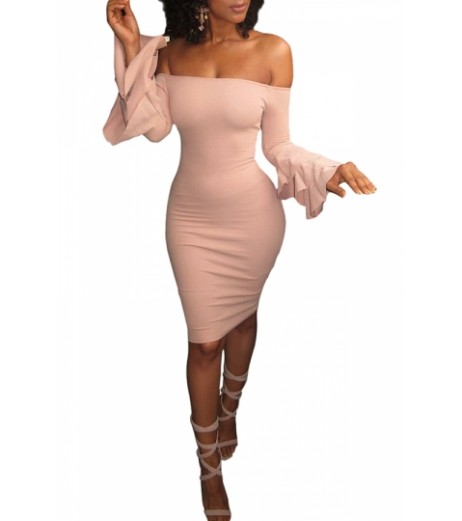 Beautiful Bell Sleeve Off Shoulder Bodycon Club Dress Pink