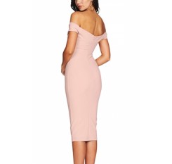 Off Shoulder Short Sleeve Twist Front Plain Bodycon Evening Dress Pink