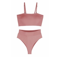 Beautiful Bandeau High Waisted Swimwear Bottoms Set Two Piece Swimsuits Pink
