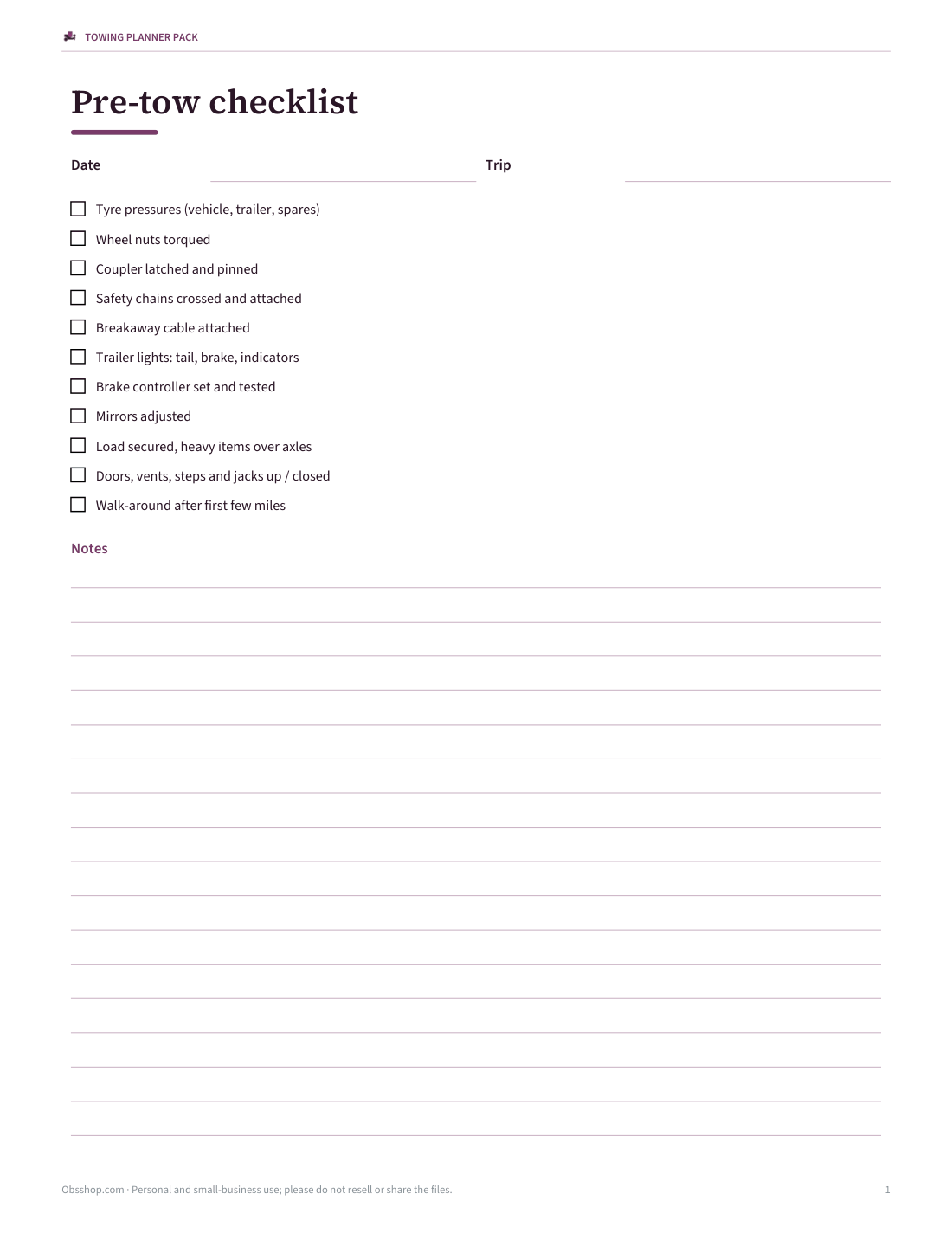 Preview of the first page of Pre-tow checklist (PDF/DOCX)